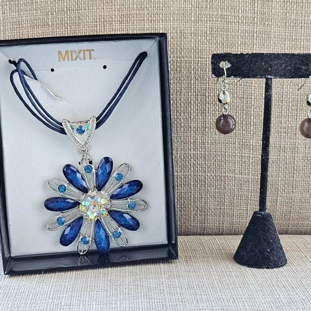 Mixit Women Necklace with Earrings Blue Statement Blue Cord Fashion Jewelry
